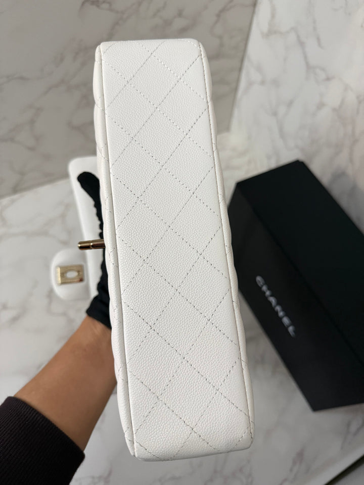 CHANEL 2023 White Caviar LGHW Medium ML Timeless Classic Double Flap Bag