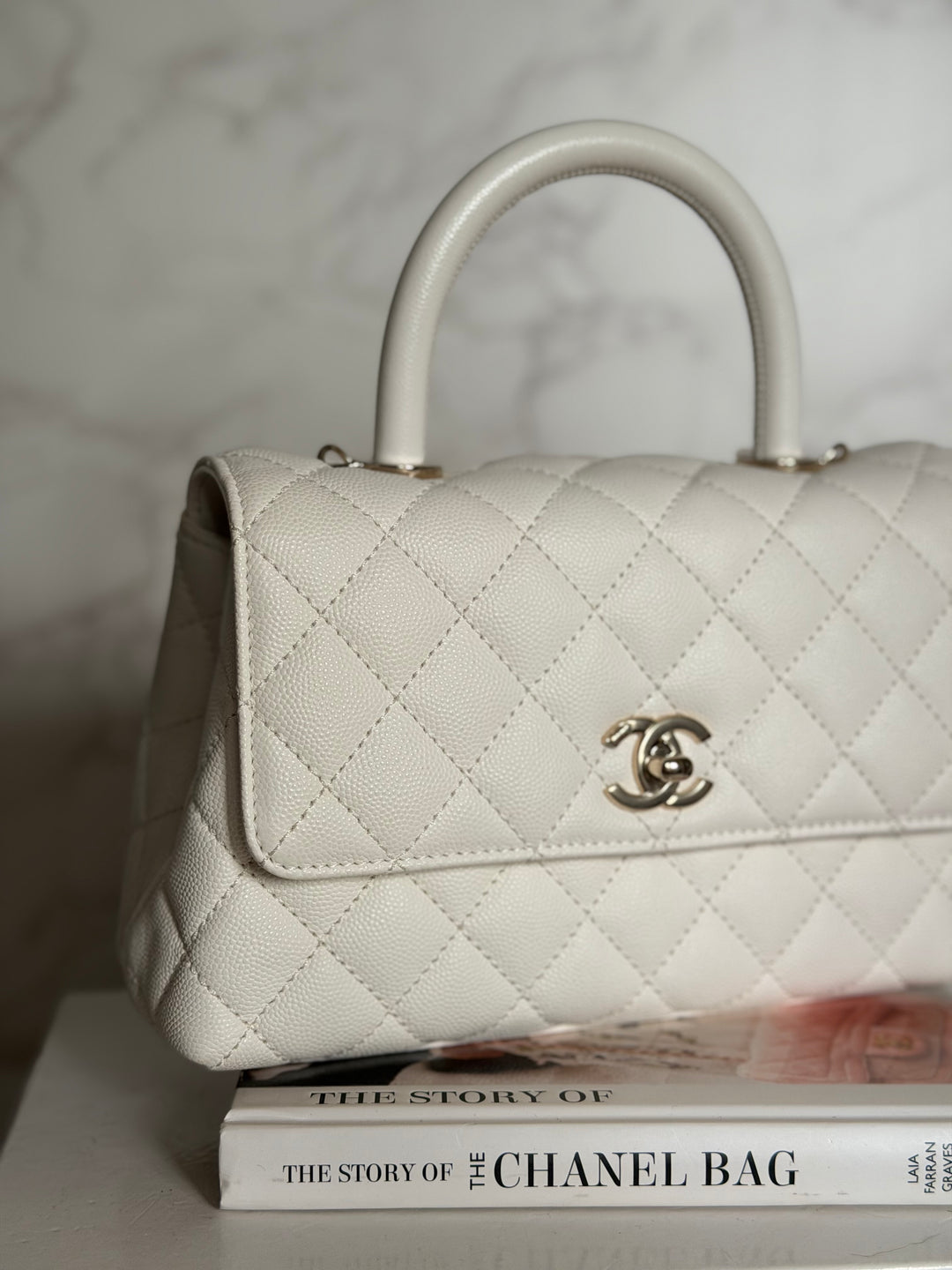 CHANEL White Caviar LGHW Coco Handle Flap Bag Size SMALL with detachable Strap Microchipped