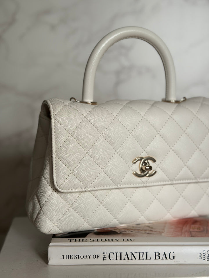 CHANEL White Caviar LGHW Coco Handle Flap Bag Size SMALL with detachable Strap Microchipped