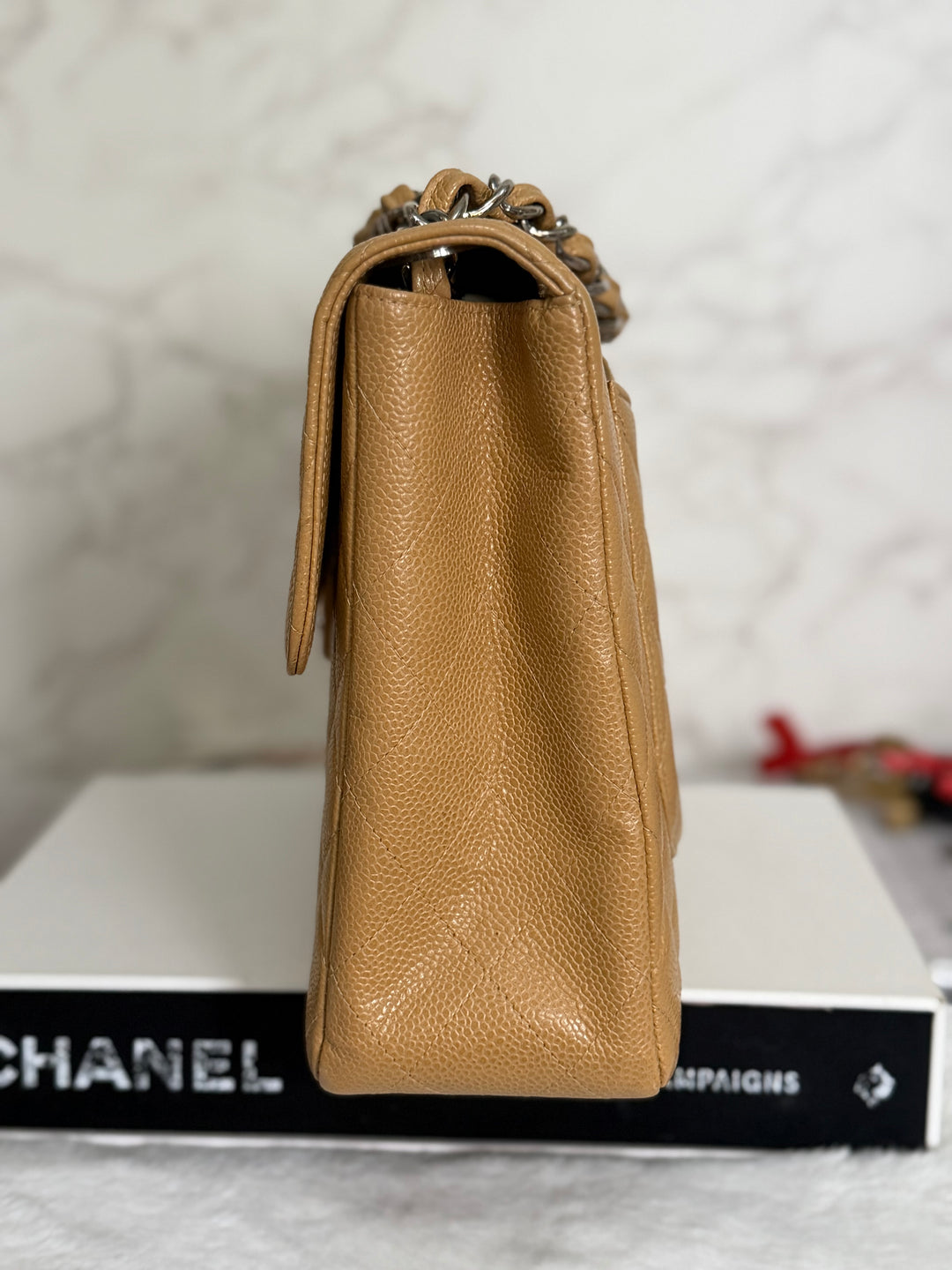 CHANEL series 6 Dark Beige Caviar SHW Vintage Jumbo Single Flap Bag