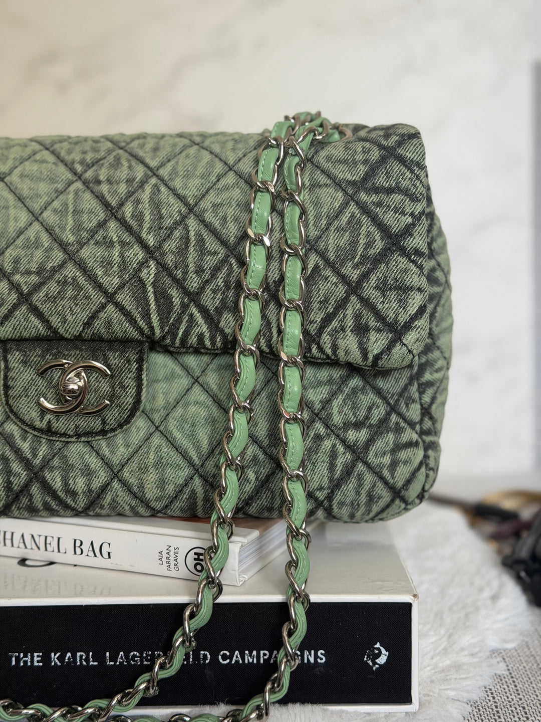CHANEL 20C series 29 Green Denim Jumbo SHW Denimpression Flap Bag 2020