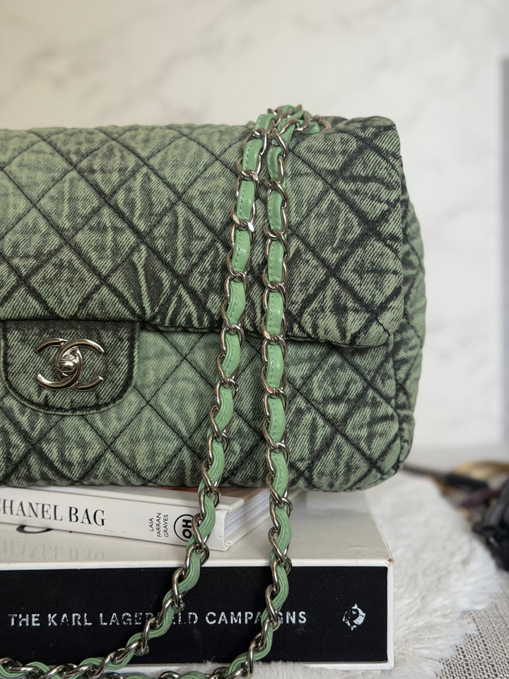 CHANEL 20C series 29 Green Denim Jumbo SHW Denimpression Flap Bag 2020