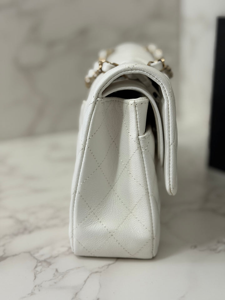 CHANEL 2023 White Caviar LGHW Medium ML Timeless Classic Double Flap Bag