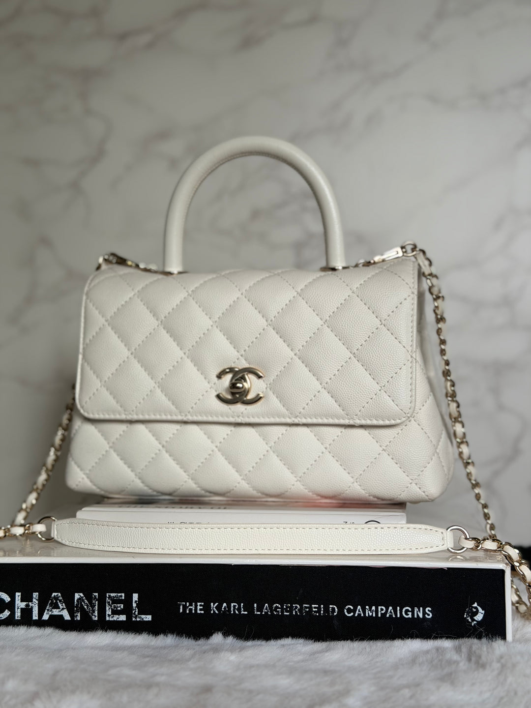 CHANEL White Caviar LGHW Coco Handle Flap Bag Size SMALL with detachable Strap Microchipped