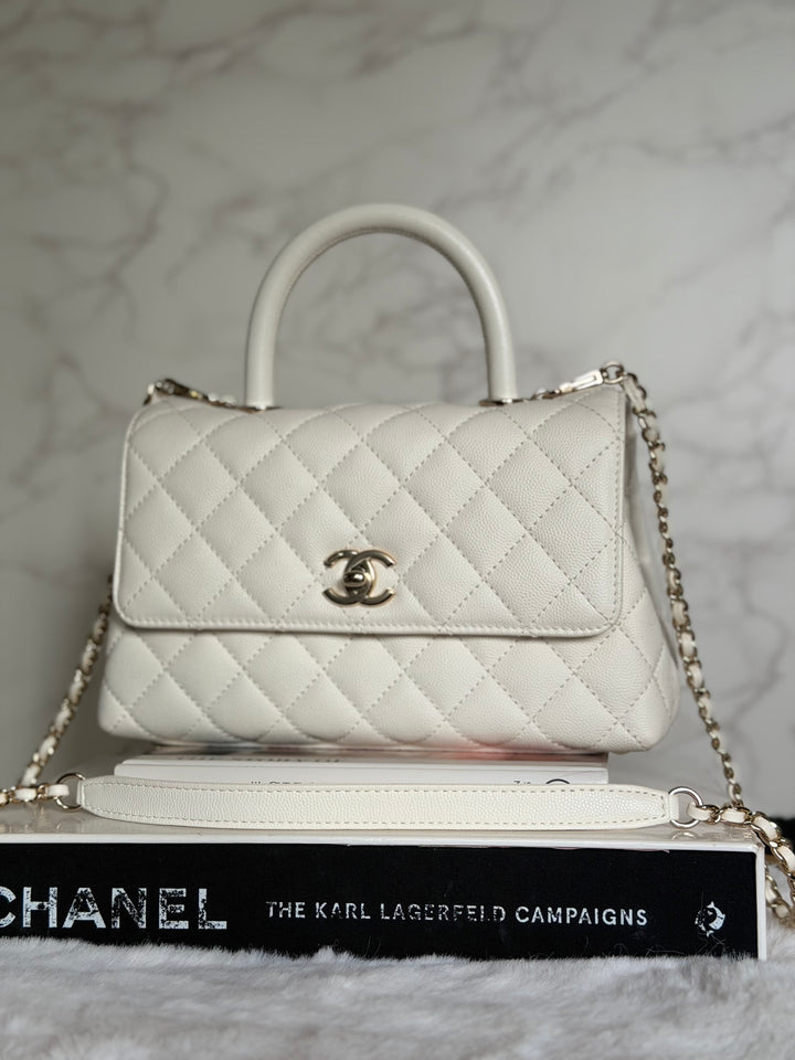 CHANEL White Caviar LGHW Coco Handle Flap Bag Size SMALL with detachable Strap Microchipped