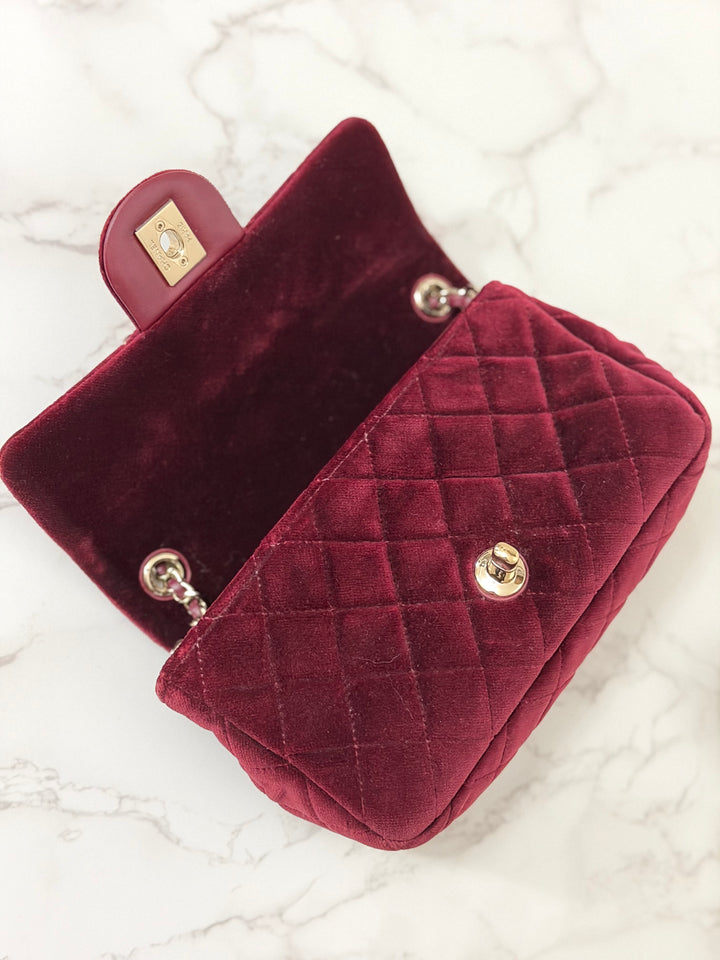 CHANEL series 31 Dark Red/Burgundy Velvet Adjustable Crystal Pearl Crush Mini Rectangular Flap Bag LGHW 2020/2021