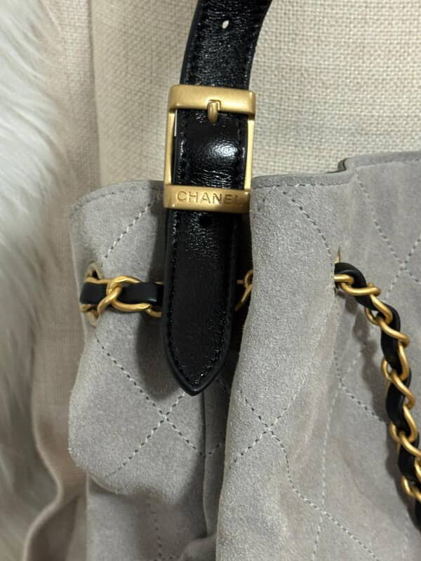CHANEL 2025 25A collection Grey Suede Black Calf skin Leather Hobo Bag size Small