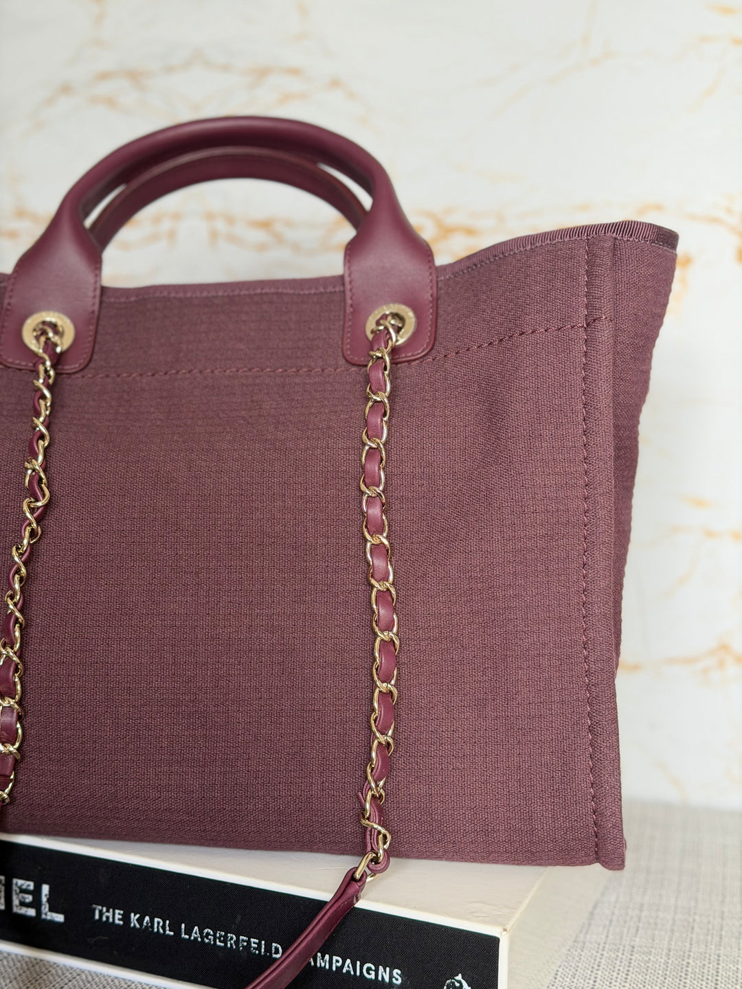 Chanel Burgundy Tweed Deauville Tote with Leather top handle size SMALL 13 inches 2024