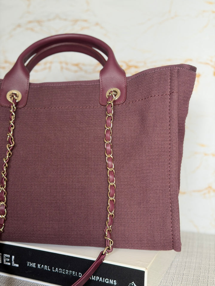 Chanel Burgundy Tweed Deauville Tote with Leather top handle size SMALL 13 inches 2024