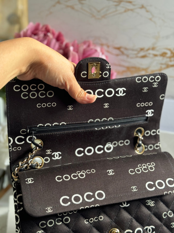 Chanel series 7 2002/2003 Black Canvas Quilted COCO Medium Classic Flap Light Gold Hardware