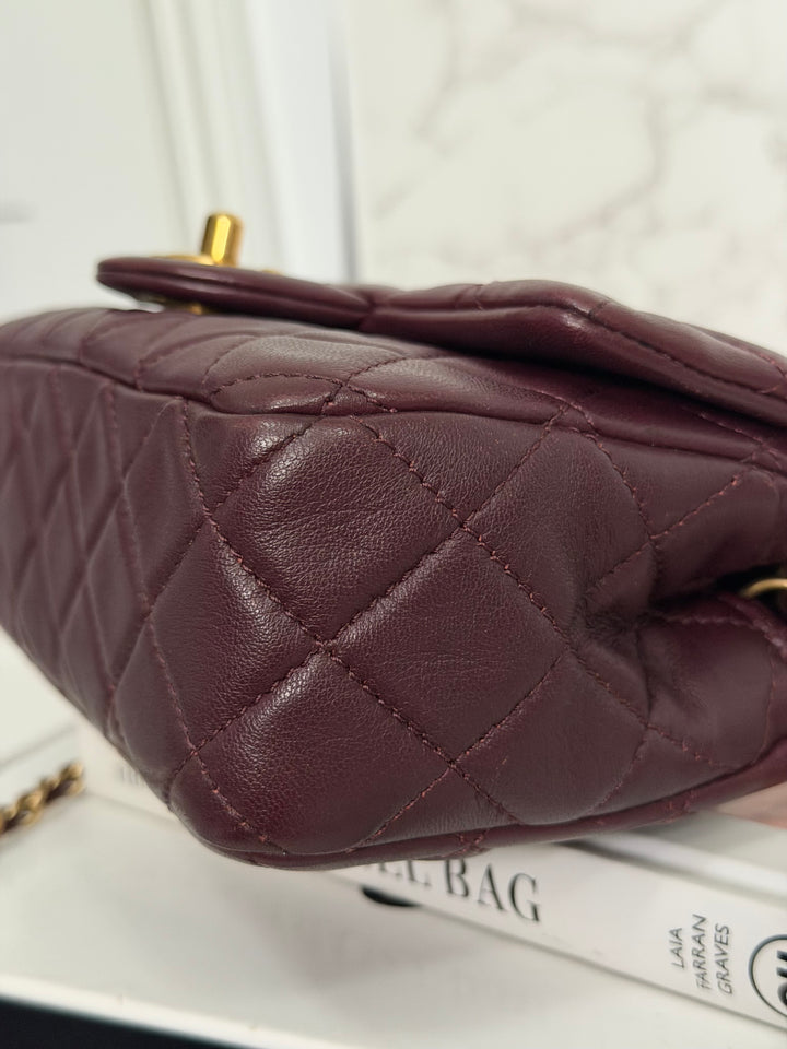 CHANEL 21B Burgundy Lambskin Aged GHW Pearl Crush Adjustable Chain Mini rectangular flap Bag 2021