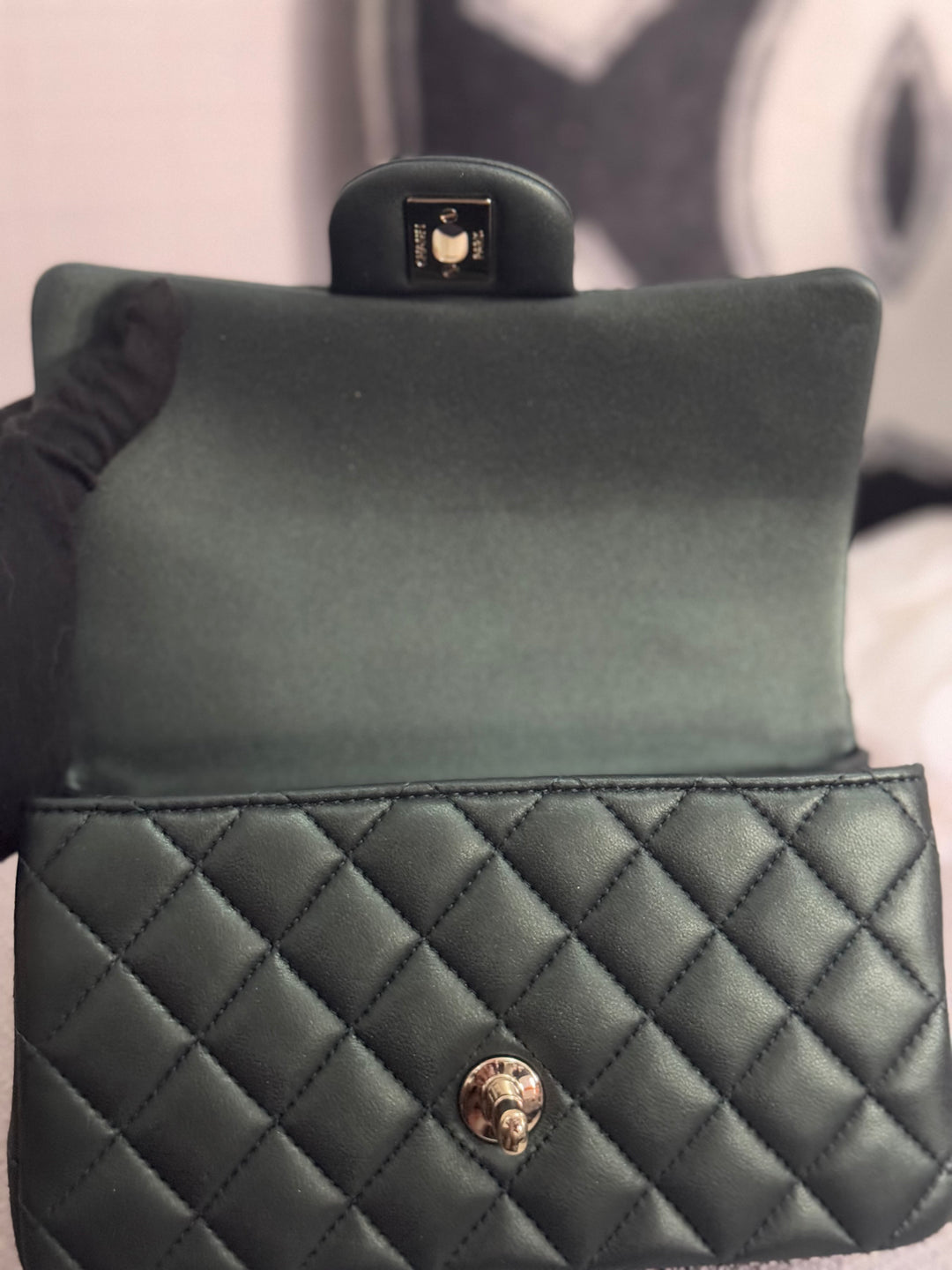 Chanel Iridescent Dark Green Lambskin Mini Rectangular Flap Bag with Top Handle and Champagne GHW