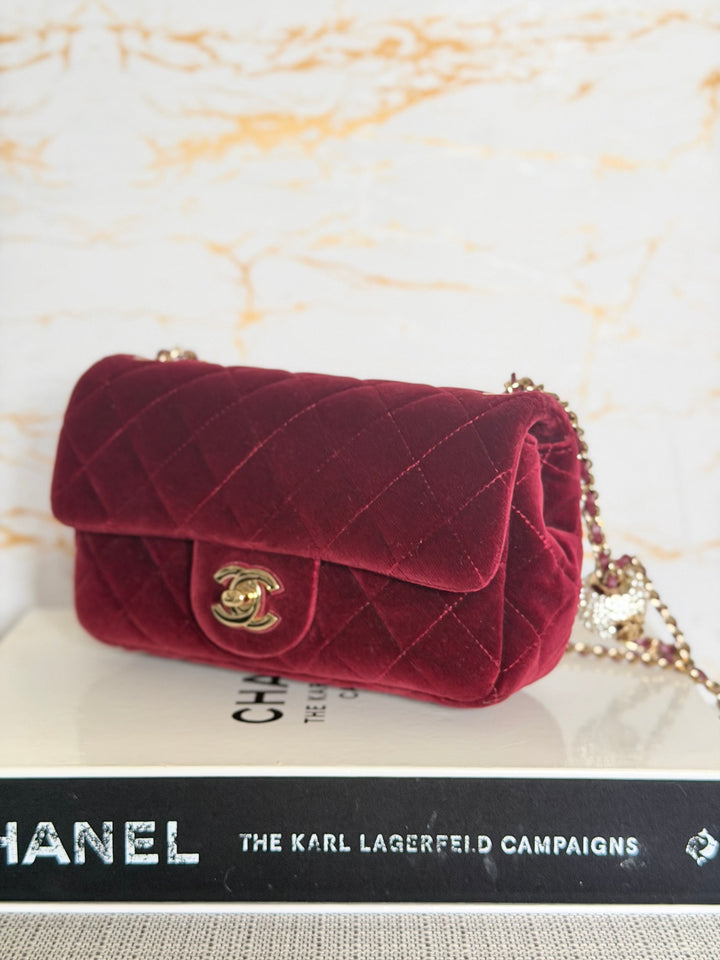 CHANEL series 31 Burgundy Dark Red Velvet Crystal Pearl Crush Adjustable Strap Mini Rectangular Flap Bag 2020/2021