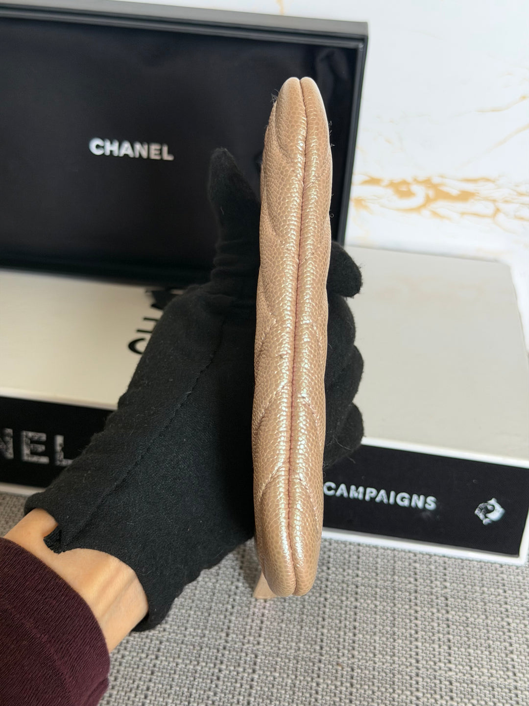 CHANEL series 27 Rose Gold Iridescent Caviar Chevron SHW Mini O Case Pouch 15 cms