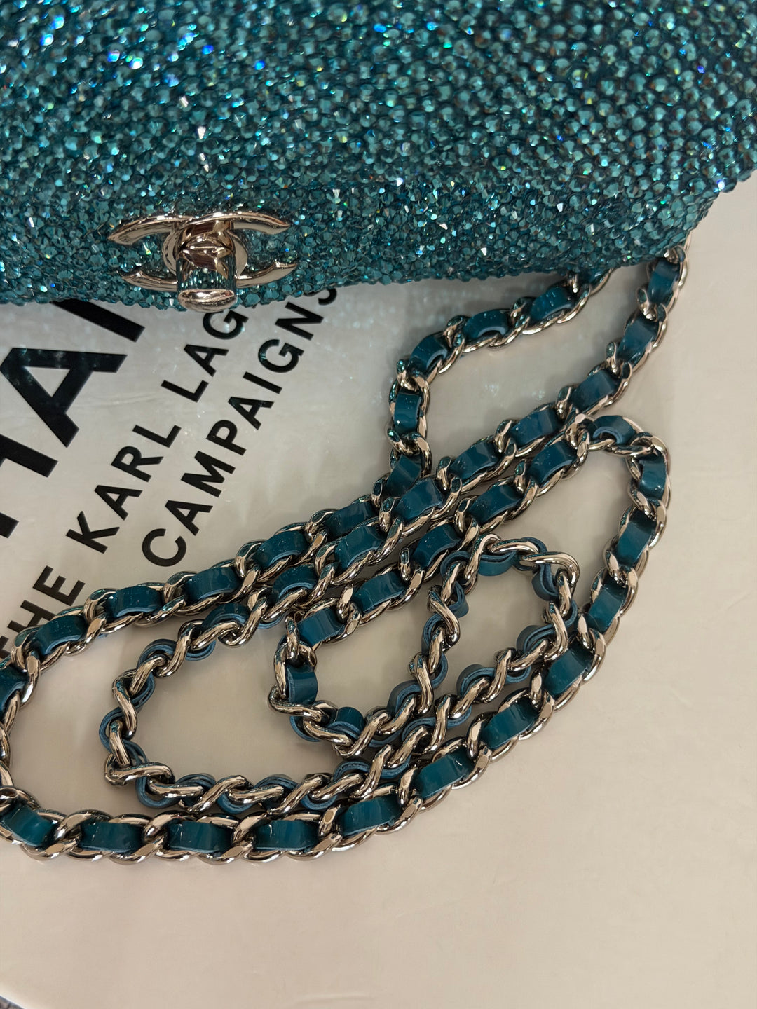 CHANEL series 21 Turquoise Teal Green Blue Diamanté Swarovski Crystal Strasssd Extra Mini Flap Bag with SHW *unicorn* RARE