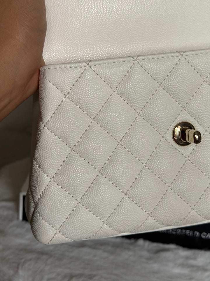CHANEL White Caviar LGHW Coco Handle Flap Bag Size SMALL with detachable Strap Microchipped