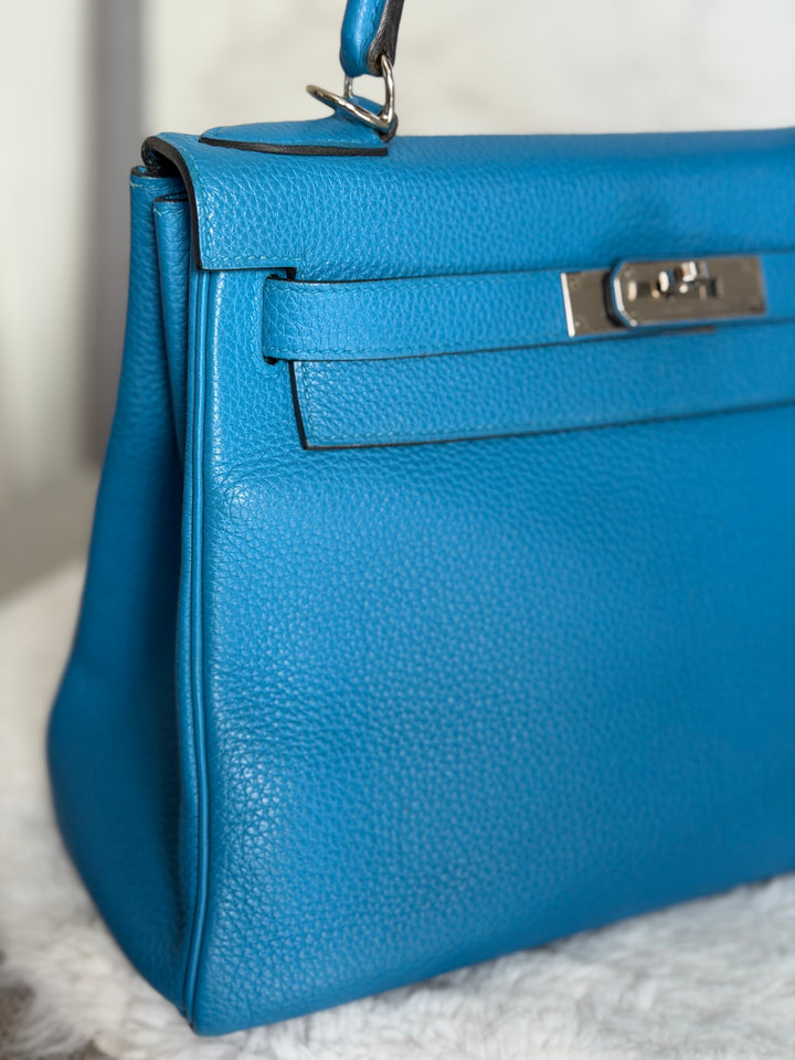 HERMÈS Bleu Frida Togo Leather PHW Kelly 28 Bag Stamp A 2017
