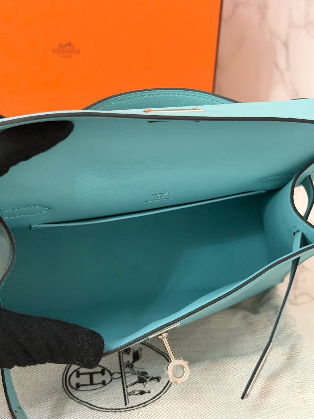 Hermès Kelly Pochette Swift Leather in Bleu Atoll 3P PHW Palladium Hardware Stamp T