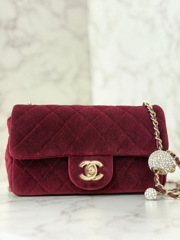 CHANEL series 31 Dark Red/Burgundy Velvet Adjustable Crystal Pearl Crush Mini Rectangular Flap Bag LGHW 2020/2021