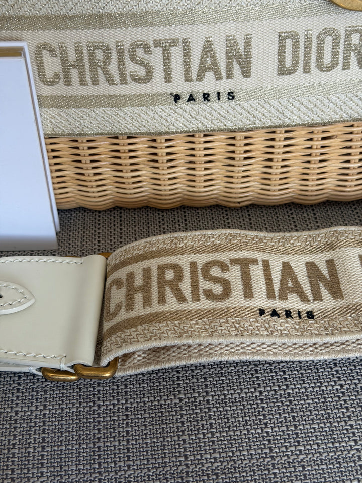 DIOR Lady Dior White/Gold Wicker Bag size SMALL with Guitar Strap