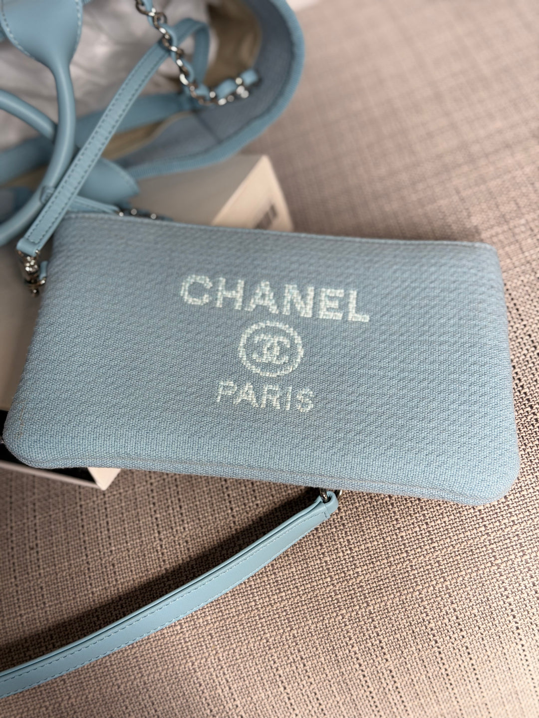 CHANEL Blue Tweed Deauville Tote Bag size SMALL with leather top handle SHW 2022