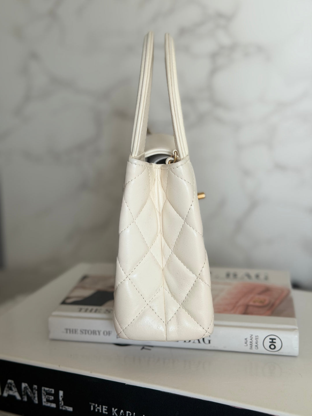CHANEL White Calf skin Aged GHW Kelly Shopping Bag Size Small 2026