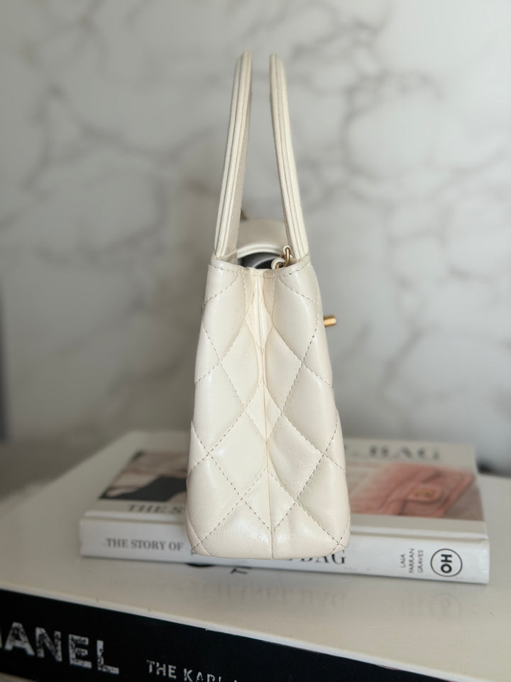 CHANEL White Calf skin Aged GHW Kelly Shopping Bag Size Small 2026
