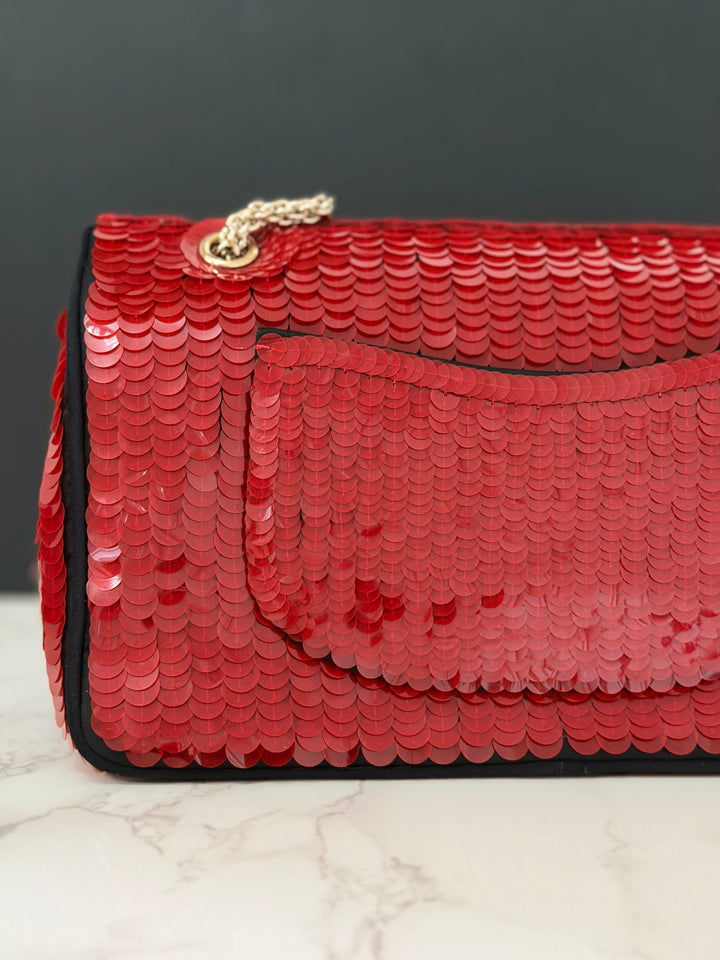 CHANEL series 13 2010 Red Sequin and Black Satin Paris-Shanghai Medium Flap Bag Gold Hardware