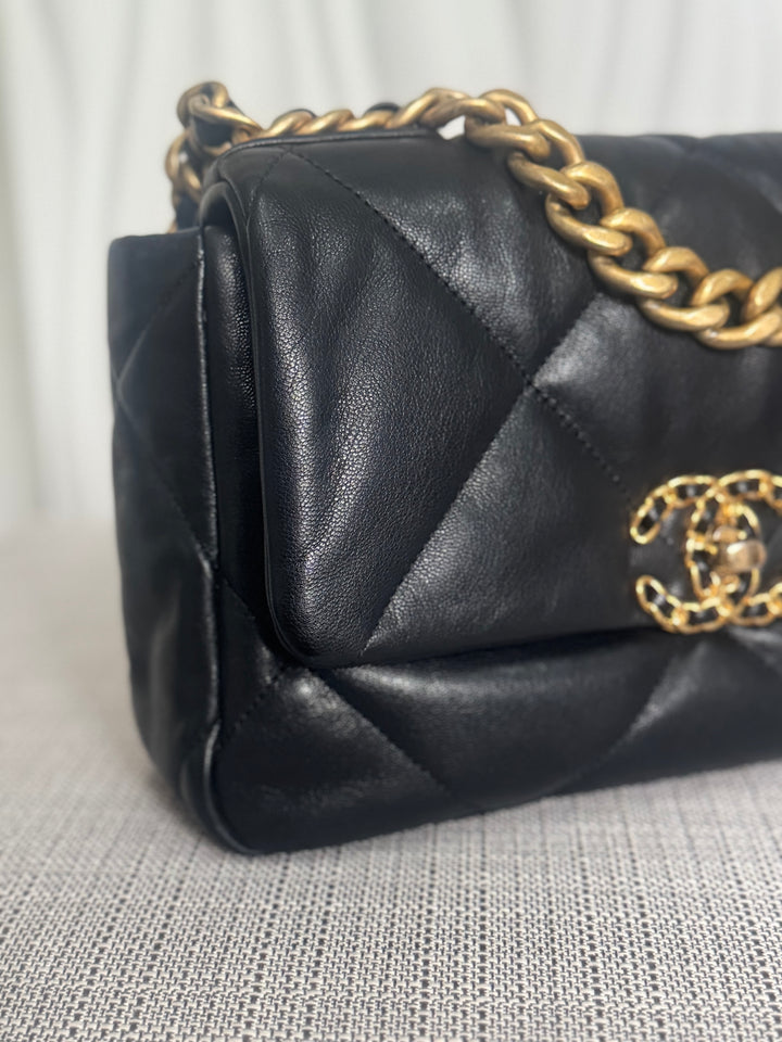 CHANEL 19 Size Small Black Lambskin Mixed Hardware Flap bag with Top Handle