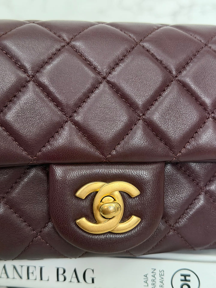 CHANEL 21B Burgundy Lambskin Aged GHW Pearl Crush Adjustable Chain Mini rectangular flap Bag 2021