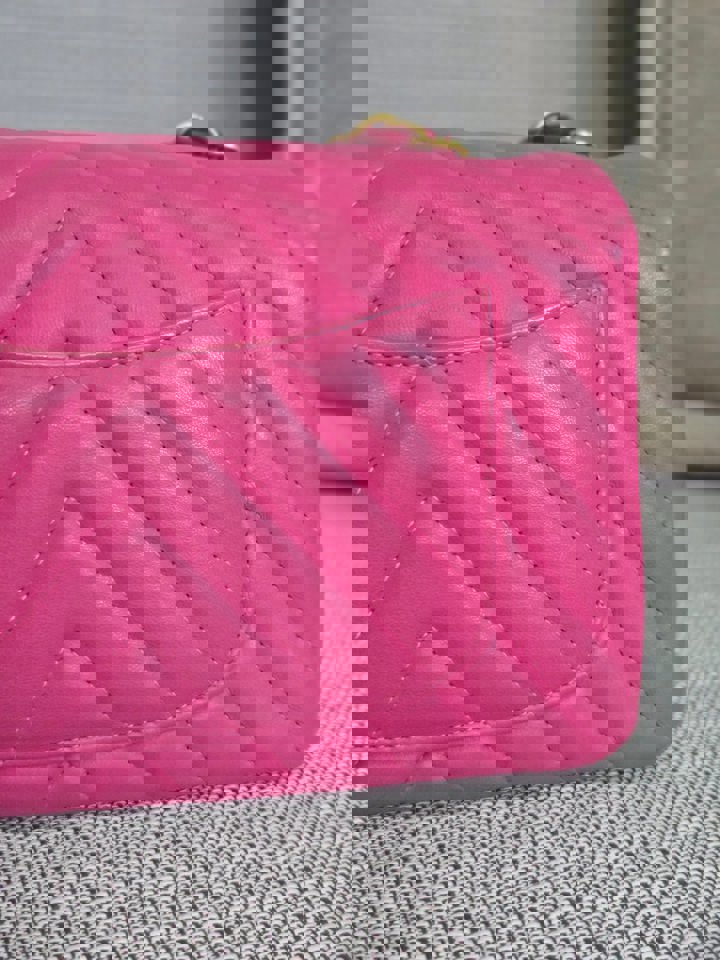 Chanel series 21 Barbie Pink Lambskin Chevron Mini Rectangular Flap Bag with Yellow GHW