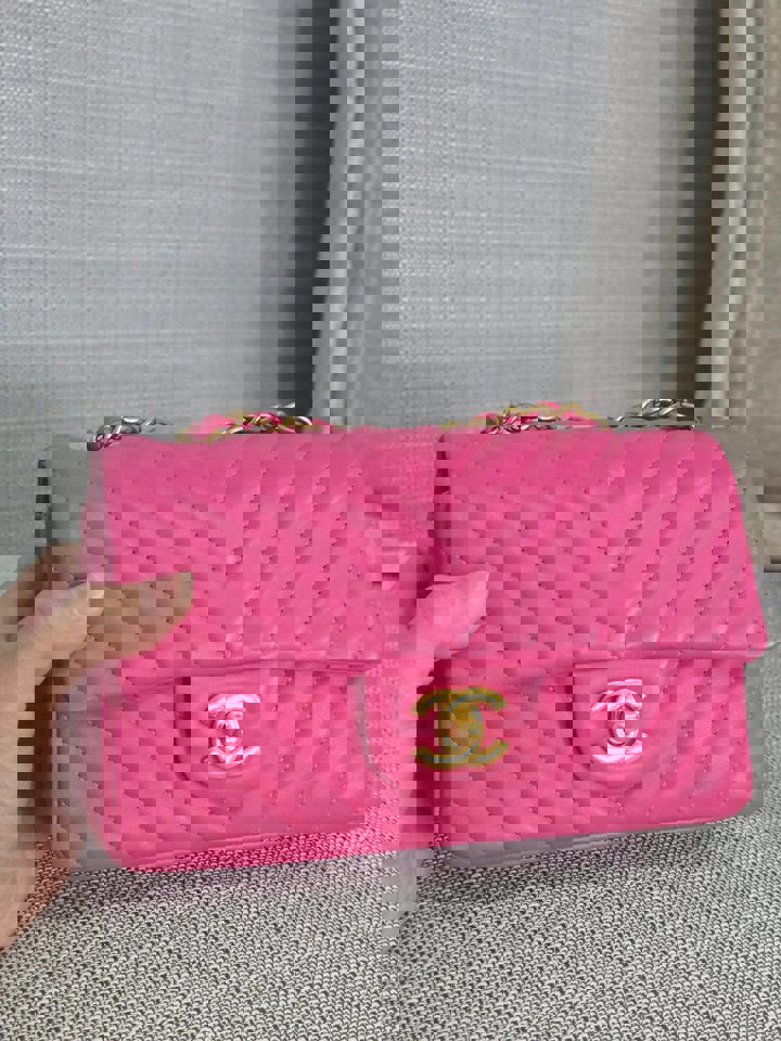 Chanel series 21 Barbie Pink Lambskin Chevron Mini Rectangular Flap Bag with Yellow GHW