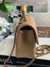 Load image into Gallery viewer, Chanel 22B 2022 Fall/Winter collection Dark Beige Lambskin Top Handle with gold metal plate and antique GHW Mini Rectangular Flap bag

