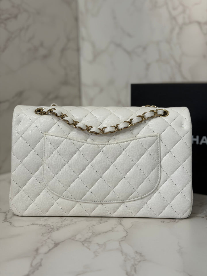 CHANEL 2023 White Caviar LGHW Medium ML Timeless Classic Double Flap Bag