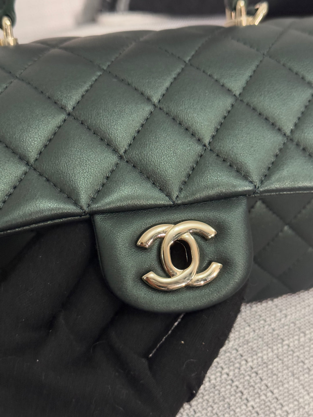 Chanel Iridescent Dark Green Lambskin Mini Rectangular Flap Bag with Top Handle and Champagne GHW