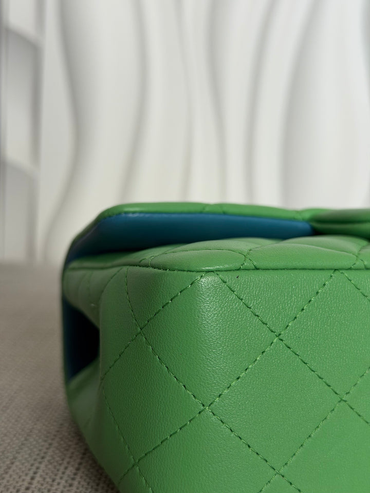 CHANEL series 31 21P Two Tone Green Blue Lambskin Rainbow Iridescent Hardware Mini Rectangular Flap Bag 2021