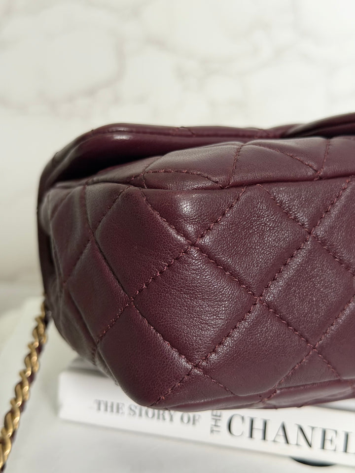 CHANEL 21B Burgundy Lambskin Aged GHW Pearl Crush Adjustable Chain Mini rectangular flap Bag 2021
