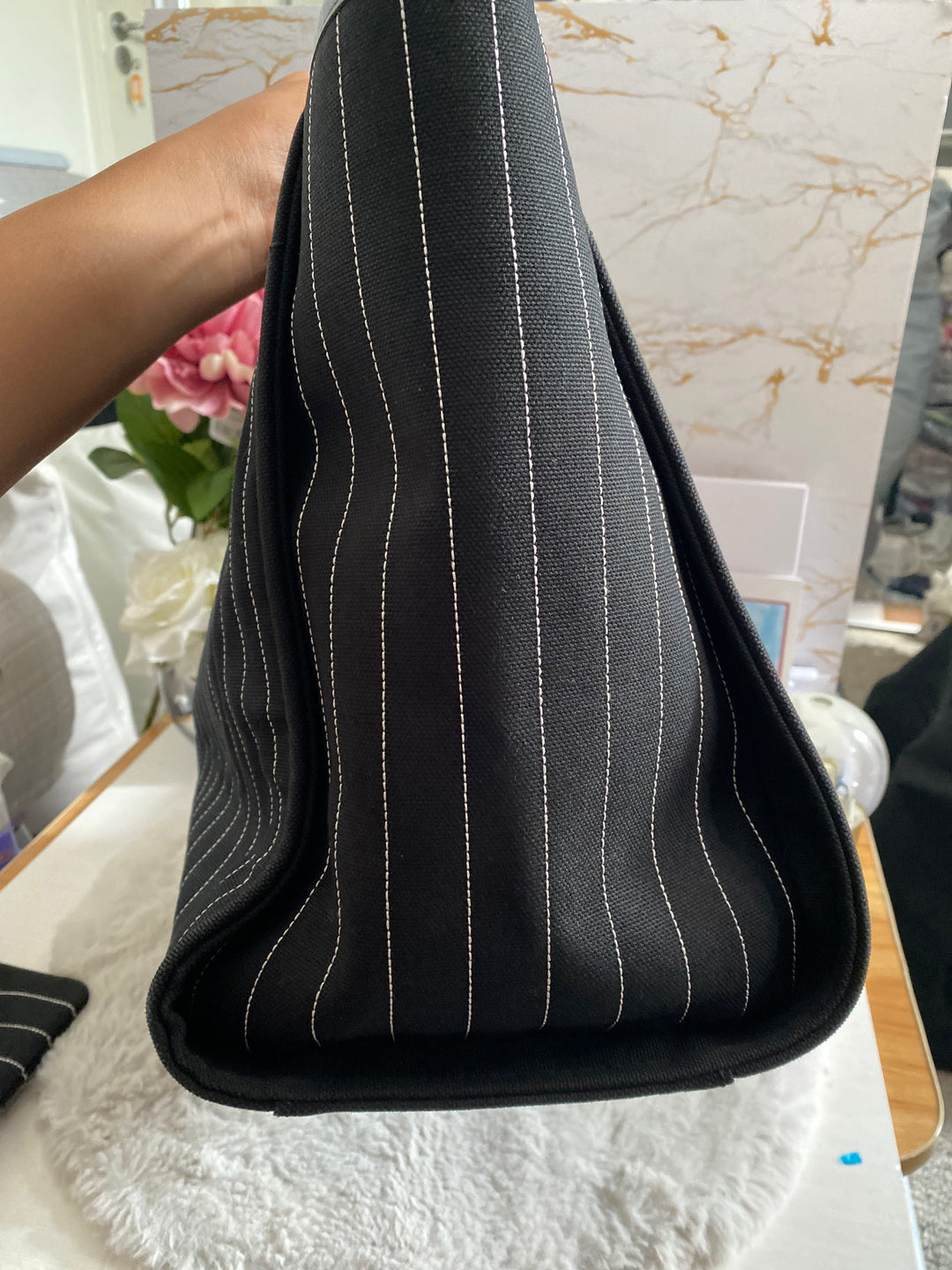 Chanel 23P 2023 collection in Black/White Stripe Canvas Deauville Tote with Top Handle and detachable pouch size Medium (15 inches)