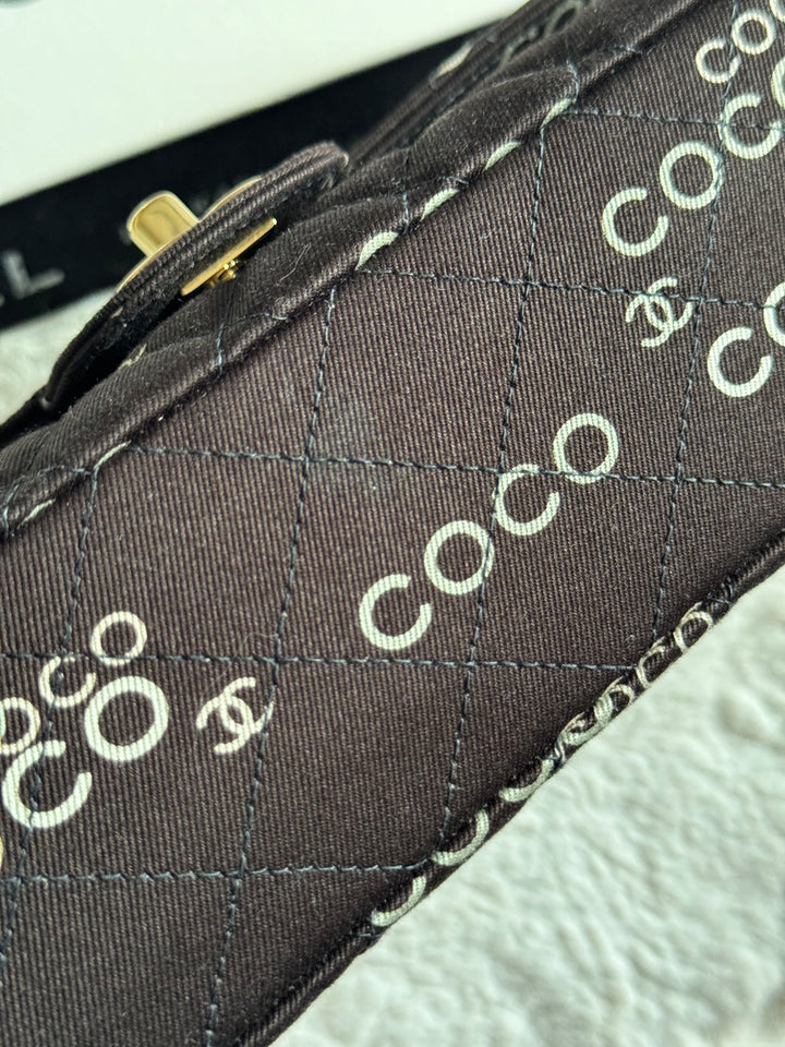 Chanel series 7 2002/2003 Black Canvas Quilted COCO Medium Classic Flap Light Gold Hardware