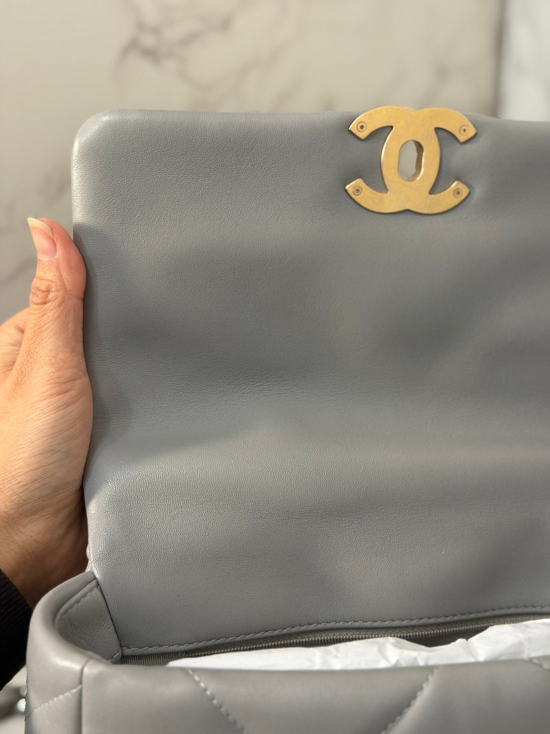 CHANEL 19 size Small Grey Lambskin Mixed Hardware 21B 2021 Flap Bag with Top Handle