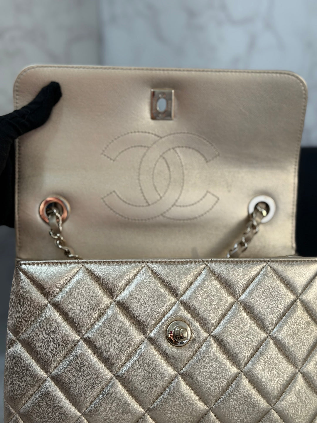 CHANEL series 30 Metallic Gold Lambskin LGHW Trendy CC top Handle Bag with non detachable Strap size SMALL 2020