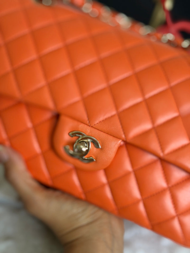CHANEL 20S Orange Lambskin LGHW Medium ML Timeless Classic Double Flap Bag