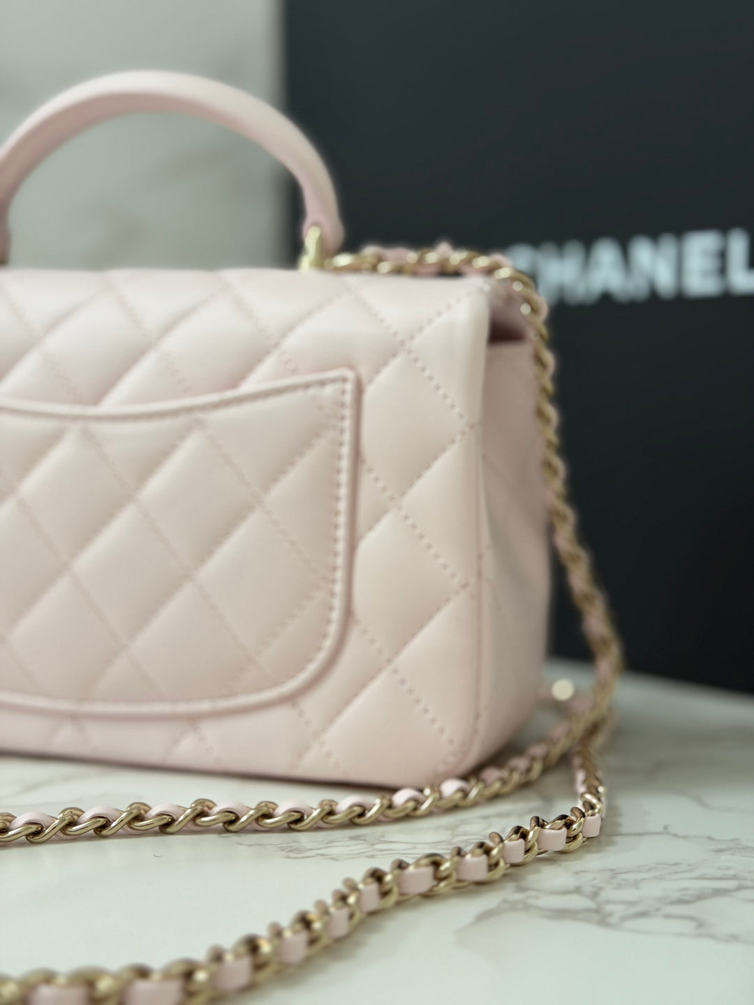CHANEL 22P 2022 Sakura Light Pink Lambskin LGHW Mini Rectangular Flap Bag with Top Handle