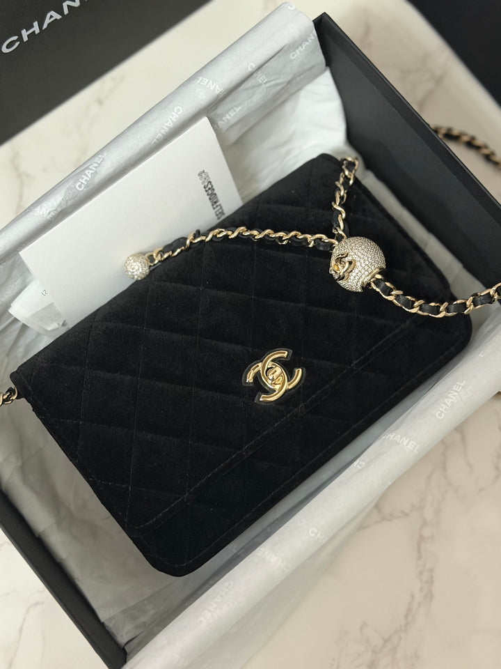 CHANEL 2025 Black Velvet Crystal Pearl Crush Adjustable Strap Wallet on Chain (WOC)