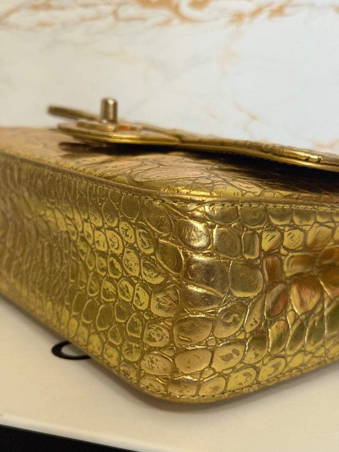 CHANEL series 28 19A Metiers d'Art collection Gold Croc Embossed Calf Skin Mini Rectangular Flap Bag with Aged GHW 2019 RARE