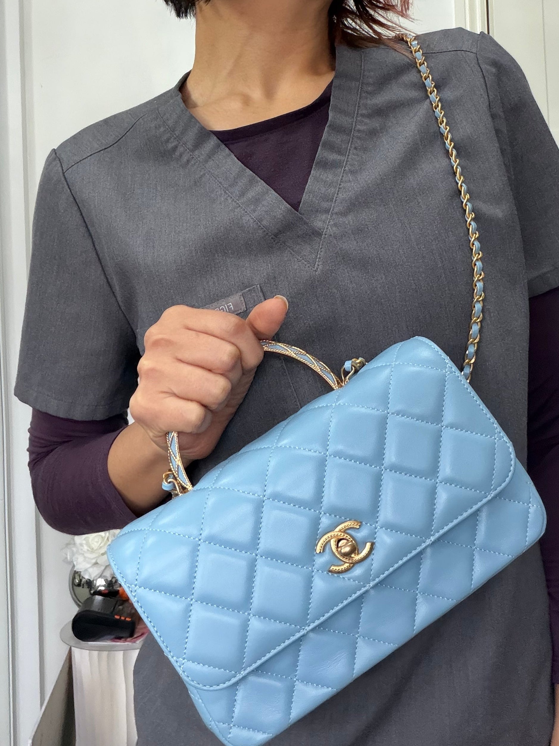 CHANEL 23A Light Blue Lambskin Aged GHW Top Handle Seasonal Mini