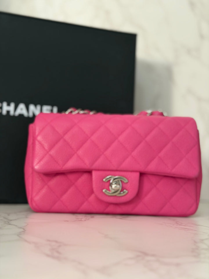 CHANEL series 17 2012/2013 Suede Hot Pink Caviar SHW Mini Rectangular Flap Bag