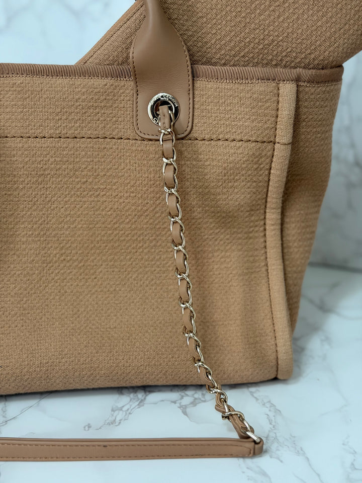CHANEL 24P collection 2024 Beige Tweed Deauville Tote size Small with top handle LGHW and pouch