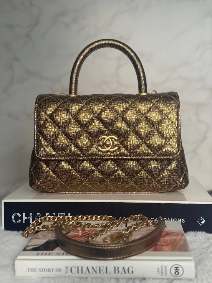 CHANEL series 28 19A Metallic Bronze Gold Caviar Aged GHW Coco Handle Flap Bag size SMALL with detachable shoulder strap 2019