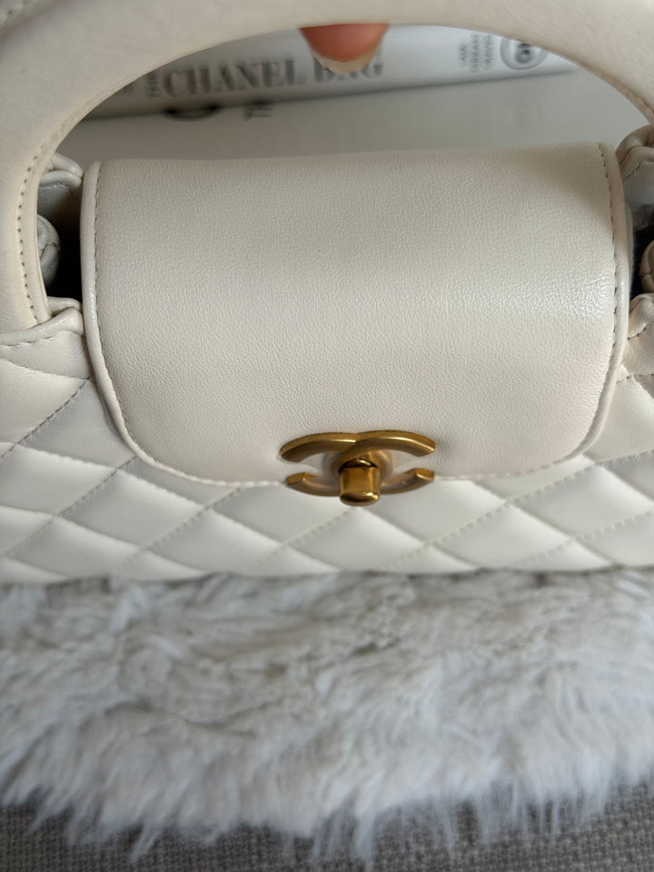CHANEL White Calf skin Aged GHW Kelly Shopping Bag Size Small 2026